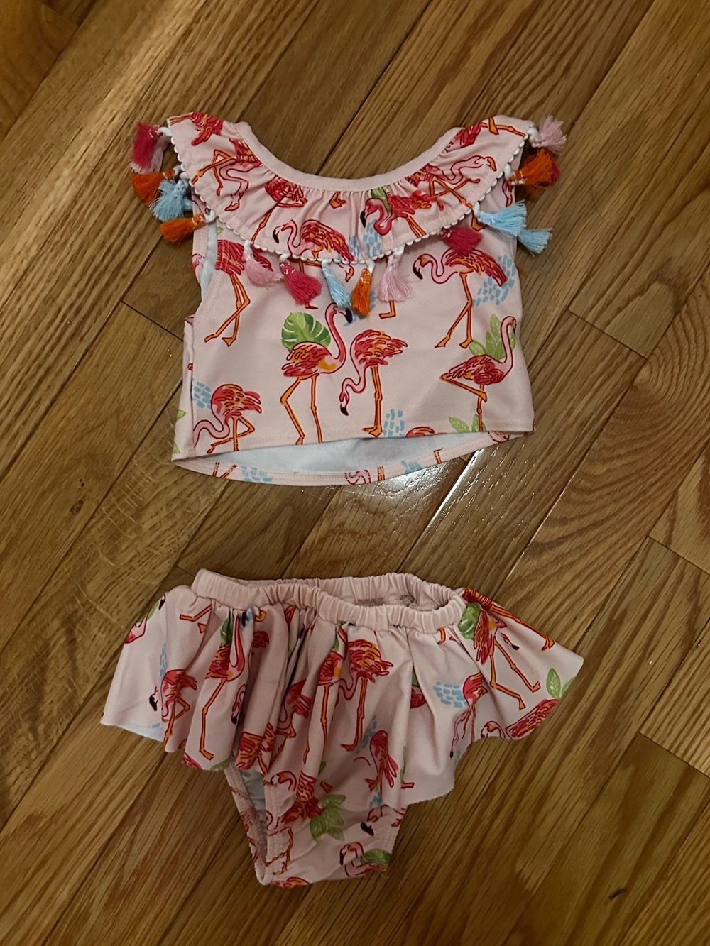 Mud Pie Pink Flamingo Tassel Two-Piece Swim Set